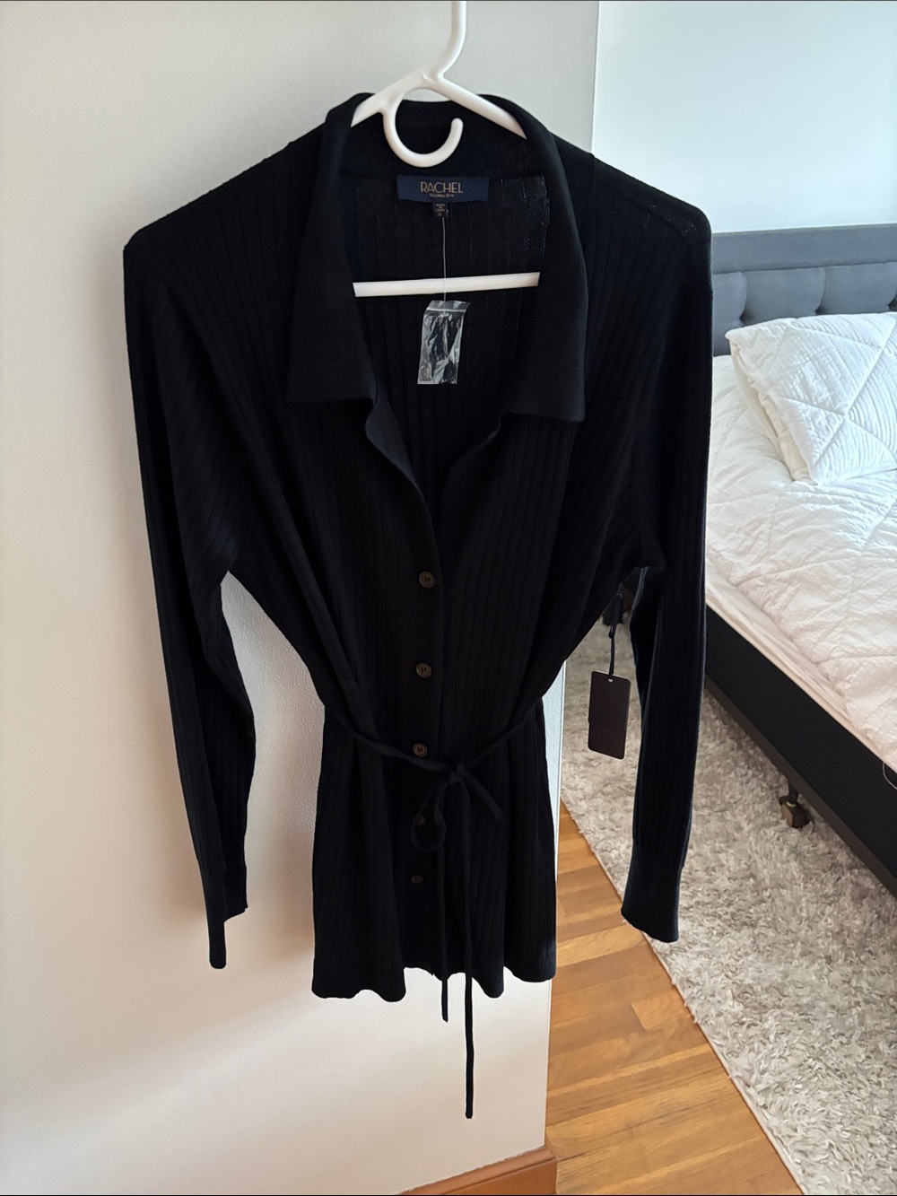 Rachel Zoe Black Ribbed Button-Down Tie-Waist Sweater